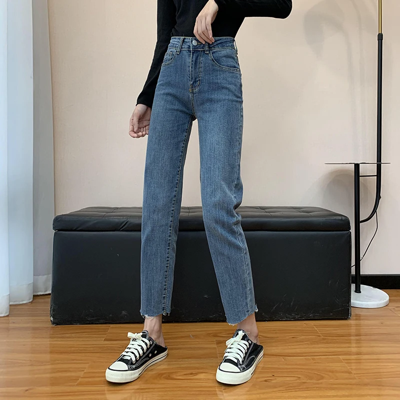 N1980   The new slim high waist slim straight loose cropped trousers jeans