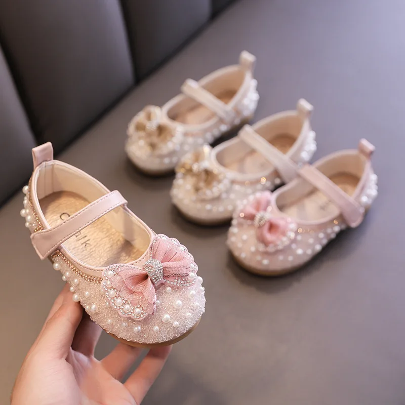 

COZULMA Kids Girls Elegant Butterfly-Knot Casual Shoes Spring Autumn Children Girls Pearl Hook & Loop Flat Shoes Size 21-34