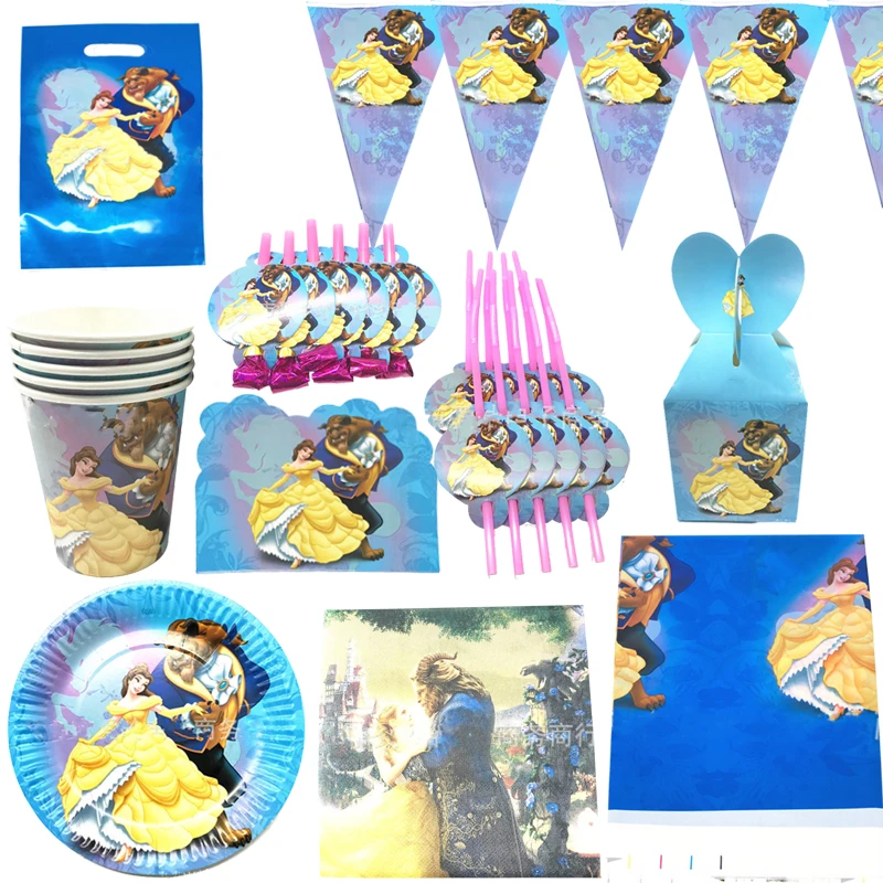 Disney Beauty and the Beast Birthday Party Decorations Disposable Cutlery Plate Napkins Candy Box Straws Girl Gift Baby Shower
