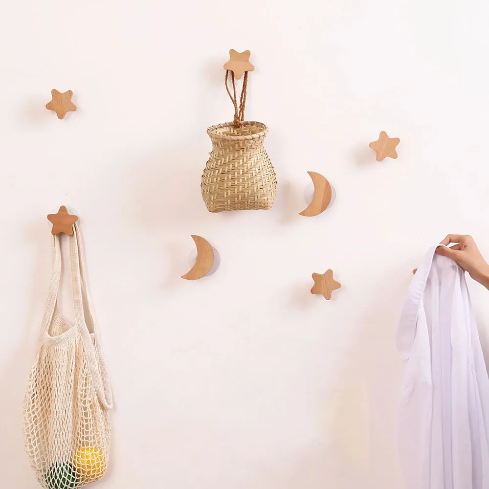 

Nordic Style Wooden Decorative Wall Hooks Rack Creative Star Moon Shape Key Hook Modern Bag Coat Wall Hanger Hooks Home Decor