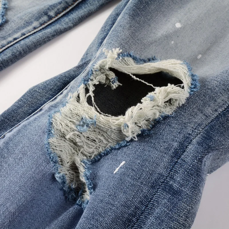 Men's Steetwear Style Skinny Stretch Holes Slim Fit Light Blue High Street Distressed Tie Dye Ripped Painted Jeans