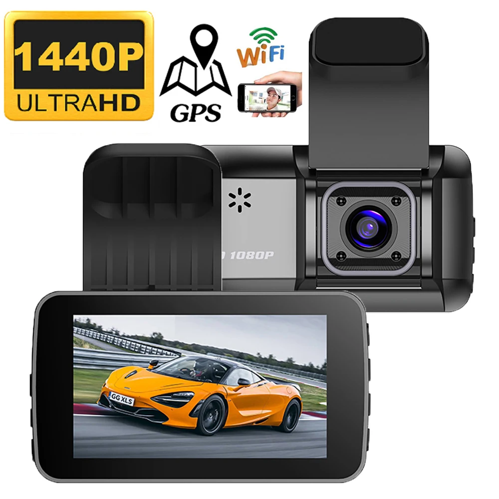 

Автомобильный видеорегистратор, WiFi, GPS, 2K 1440P, с двумя объективами