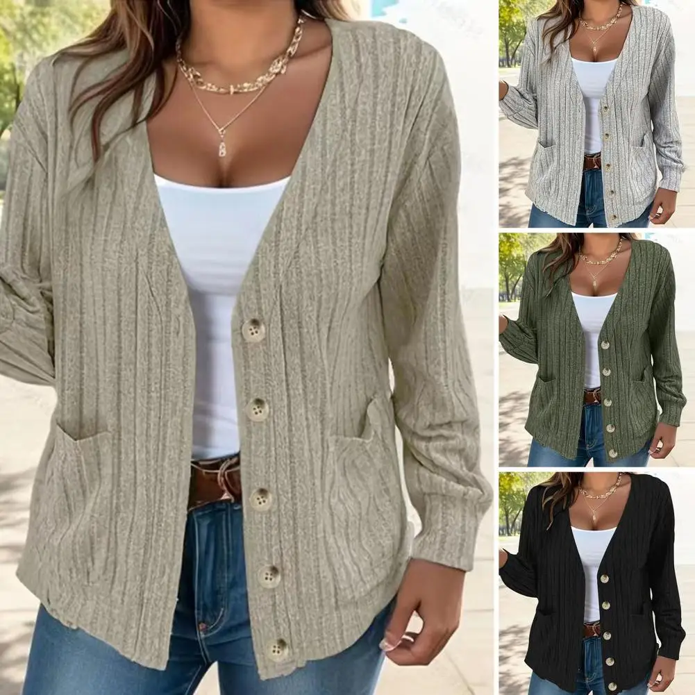 

Women Jacket Stylish Women's Knitted Cardigan Coat Soft V Neck Solid Color Long Sleeve Casual Loose Fit for Fall Spring Solid