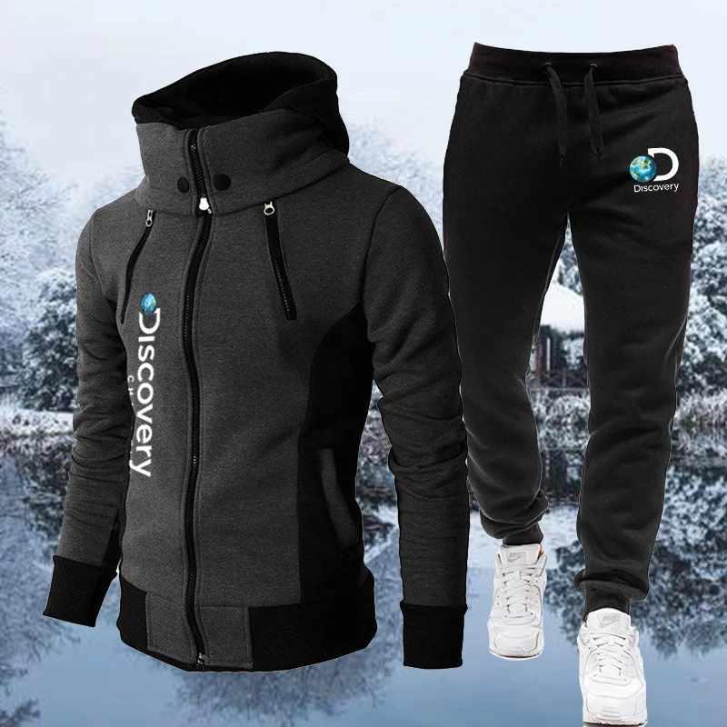 

New Fashion Discovery Print Men Zipper Hoodies Male Sweatshirt+Sweatpants Suit Warm Tracksuit Sets Men's Hoodies Outwear