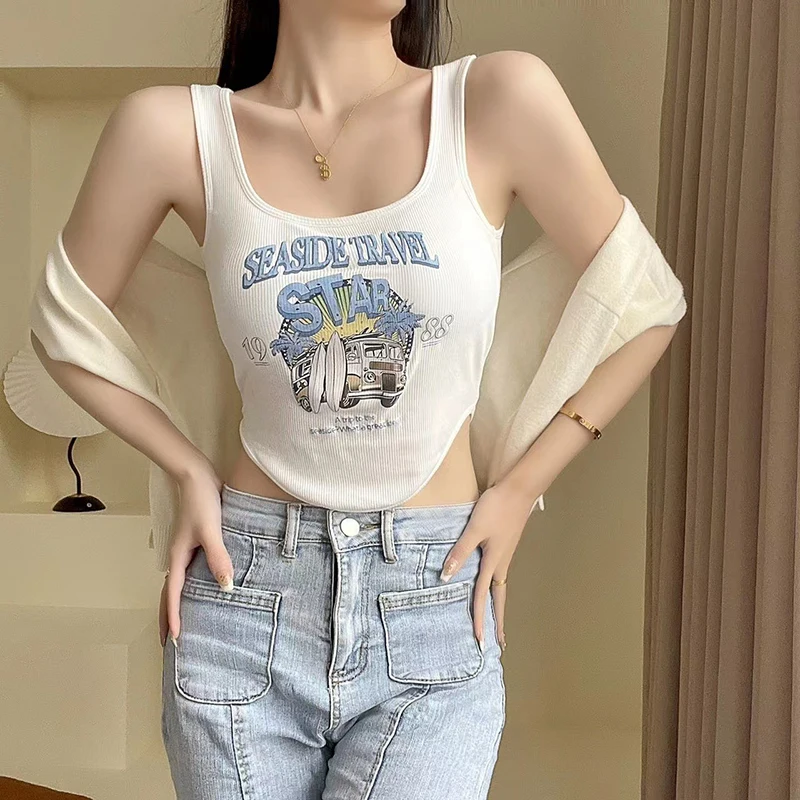 Ygolonger 2023 Streetwear With Chest Pad Sexy Mini Printing Tank Top Sleeveless Camisole Vest Casual Bult in Bra Charm Women
