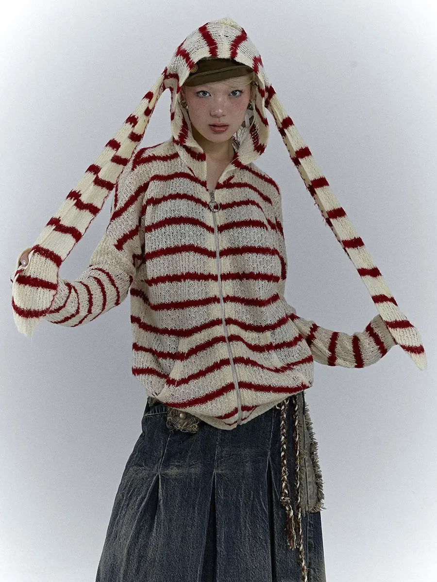 

women hoodies kawaii Cardigan Stripe Long Ears Hooded Long Sleeve Sweater Zipper Fall Casual Soft Knit Coat