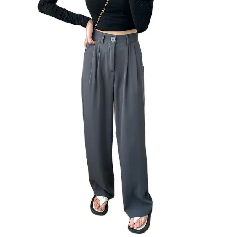 

Elegant Preppy High Waist Pocket Female Wide Leg Suit Pants Women Clothes Spring Summer Solid Straight Pants Girl Trousers AC516