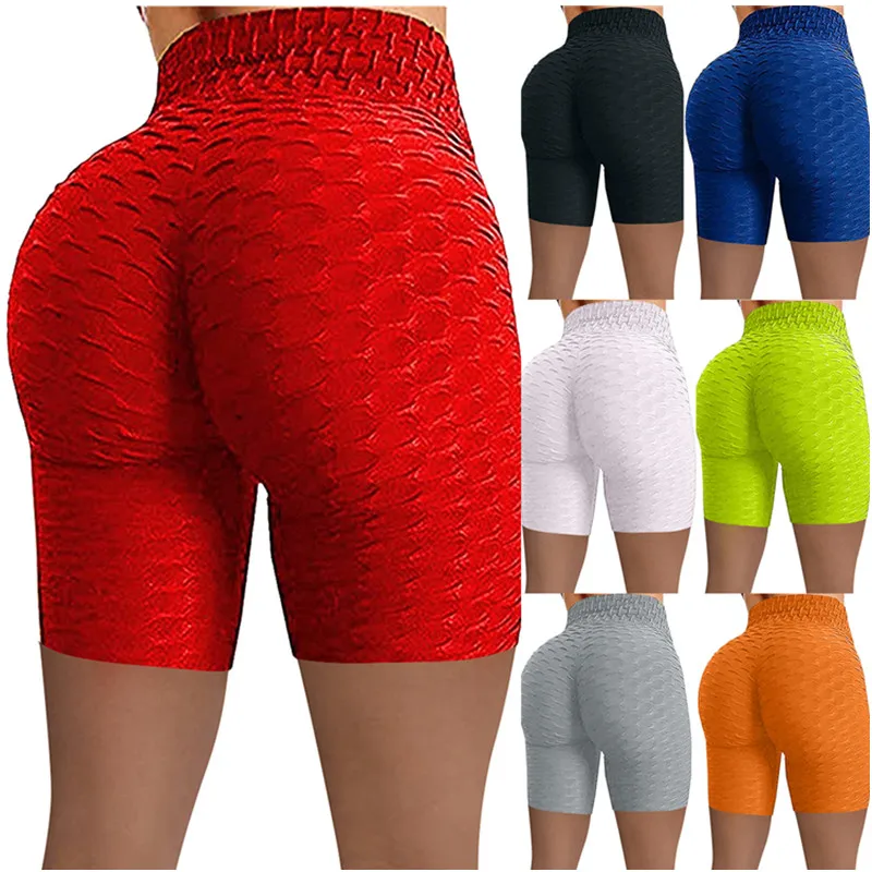 

Scrunch Butt Sports Shorts Textured Wide Waistband Biker Shorts Anti Cellulite Plain Short Leggings Running Tights