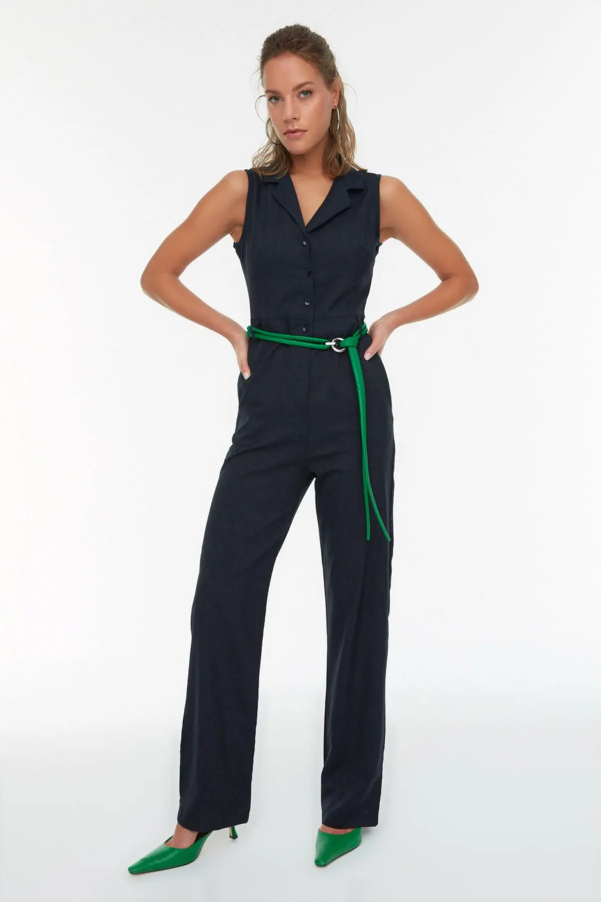 

Women's Overalls Navy Blue Belt Jumpsuit Hot Style Quality Fabric Sleeveless Baggy Trousers Casual Jumpsuit