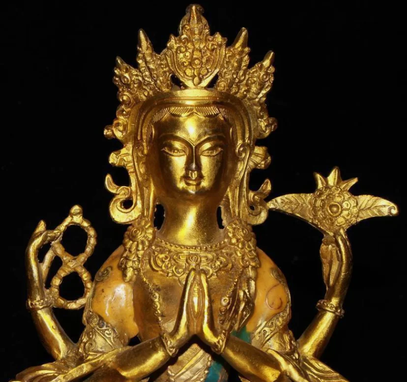 8 4-дюймовый тибетский храм бронза позолоченная перегородчатая статуя Будды