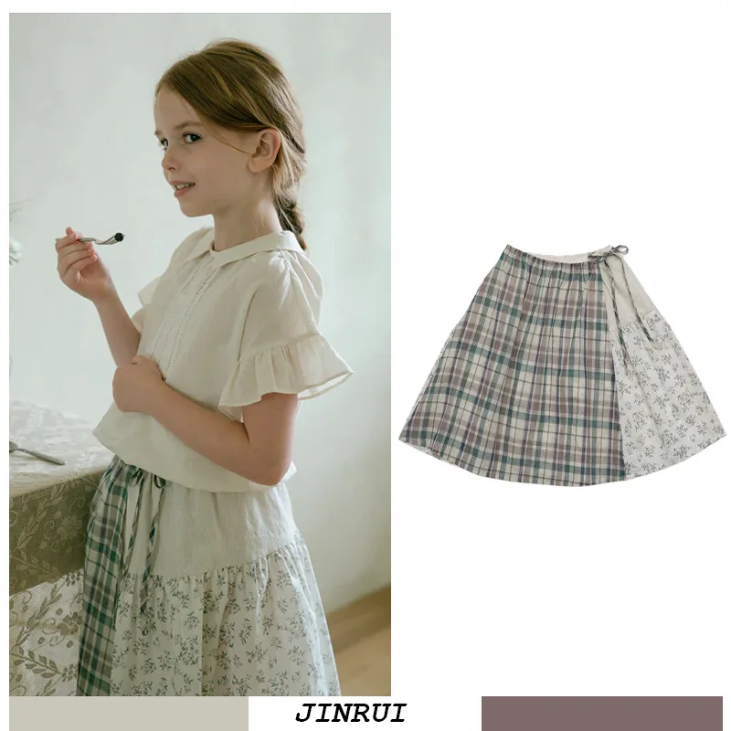 

Летняя короткая юбка для девочек LOU с подходящей ко всему темпераментной пасторальной цветочной юбкой в клетку