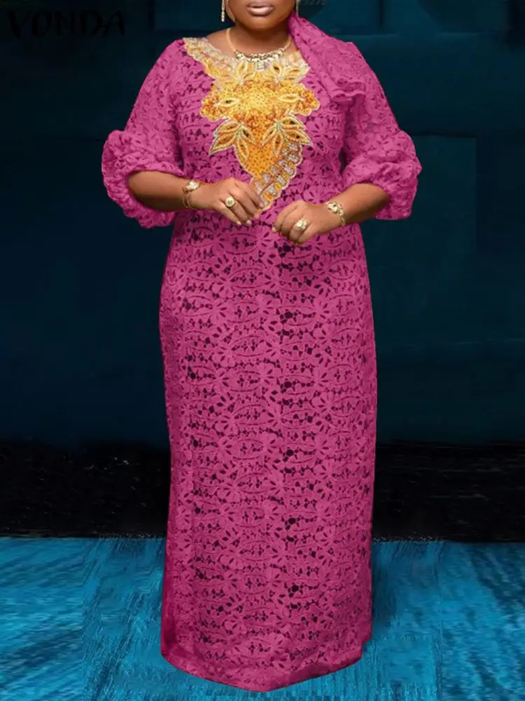 

2023 богемное Летнее Длинное Платье VONDA, женский Макси Сарафан с принтом и рукавами-фонариками, модное повседневное свободное винтажное платье большого размера