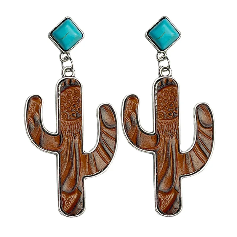 

TURQUOISE CONCHO & CACTUS LEATHER DANGLE EARRINGS -Turquoise Colored Stone Navajo Style Rodeo Punchy Cowgirl Boho Accessories