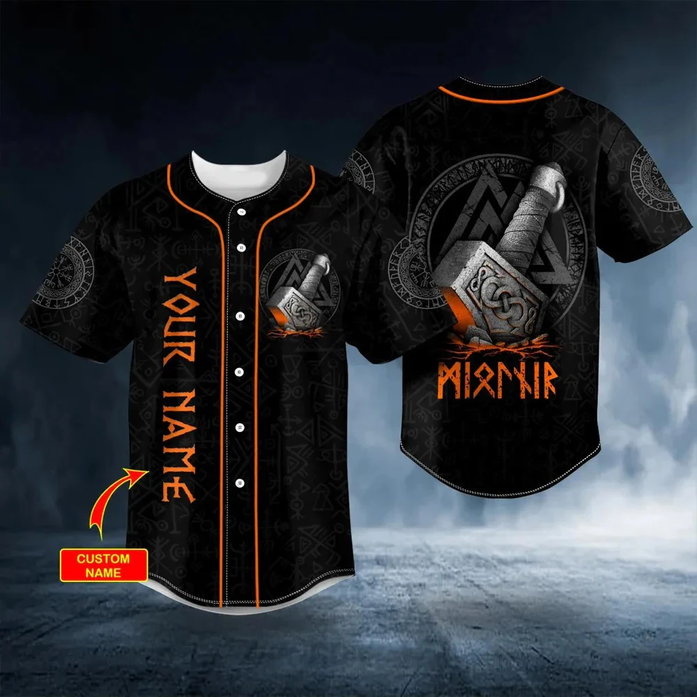 

PLstar Cosmos Custom Name Thor Hammer Tattoo Skull Pattern 3D Printed Men's Baseball Jersey Unisex Casual Baseball Shirt BQS14