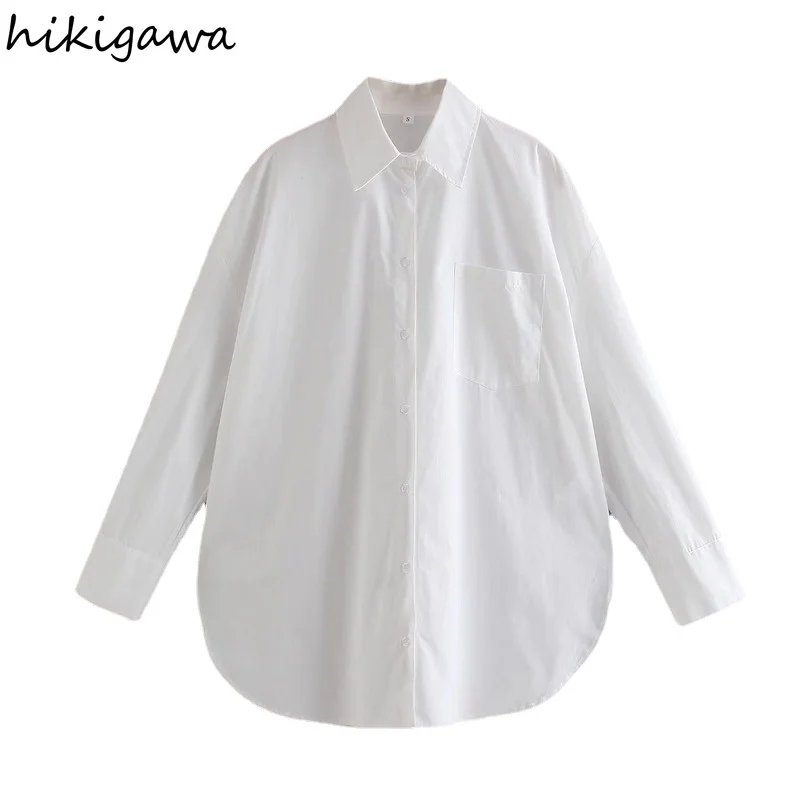 

Hikigawa Women Fashion Casual Solid Long Sleeve Skirts Vintage Turn Down Collar Button-Up Blouse with Pocket Female Chic Tops