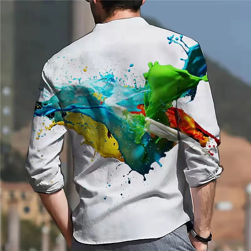New Spring Summer Men Linen Shirt Color Ink Tops Casual Streetwear Turn-down Collar Button Long Sleeve Pullover Shirt Blouse