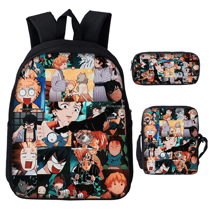 Girls Boys Anime Backpacks 3 Piece Demon Slayer Nezuko Tanjirou Children Fashion Shoulder Bags New Kids Cute Pen Bag All-match