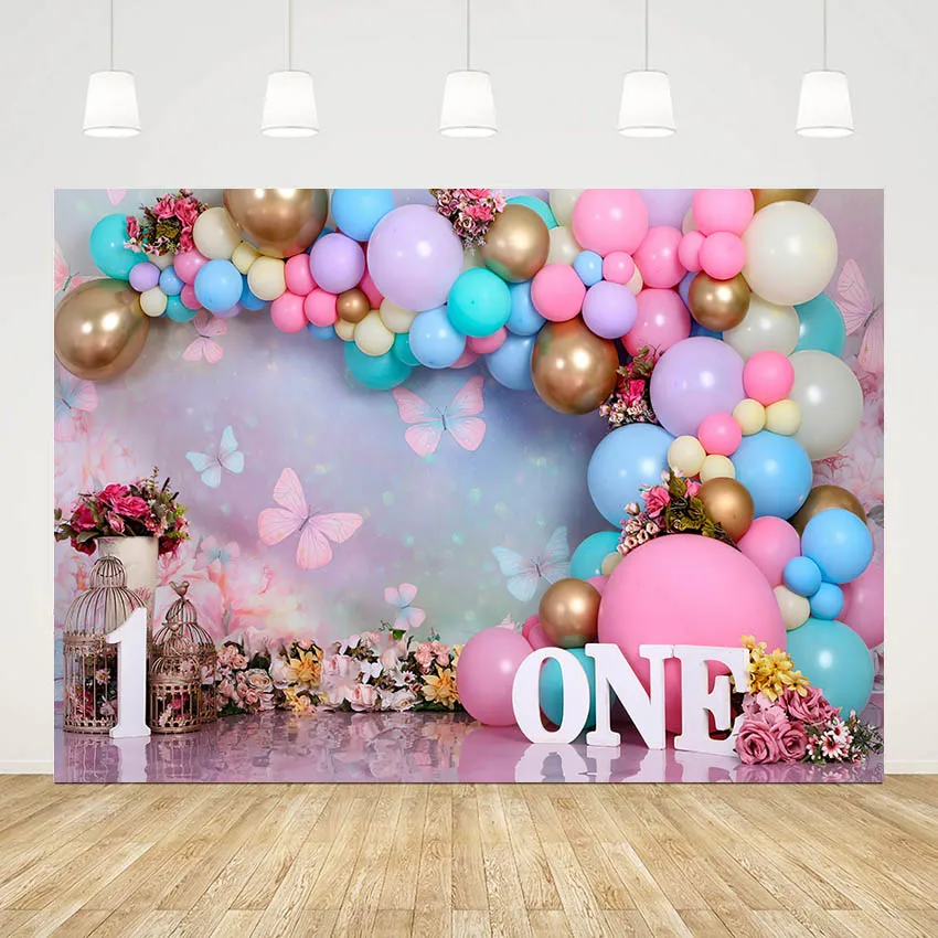 

Mehofond Photography Background Flowers Butterfly Balloons Wonderland Girl 1st Birthday Cake Smash Decor Backdrop Photo Studio