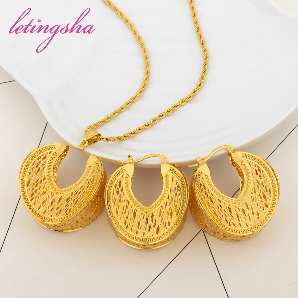 

Dubai Fashion Earrings Pendent Necklace Sets Gold Color Hollow Design Jewelry African Jewelry Sets Daily Wear Anniversary Gifts