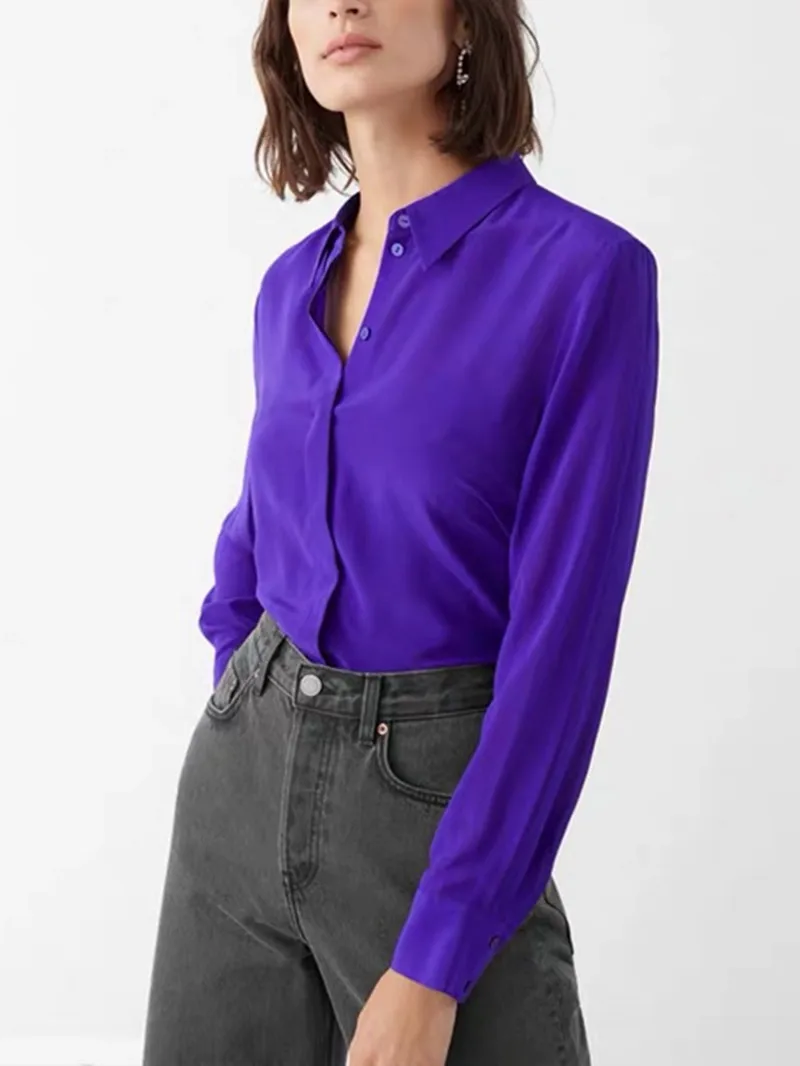 

Women Blouse Solid Color Turn Down Collar Covered Buttons Long Sleeve Simple Silk Shirt