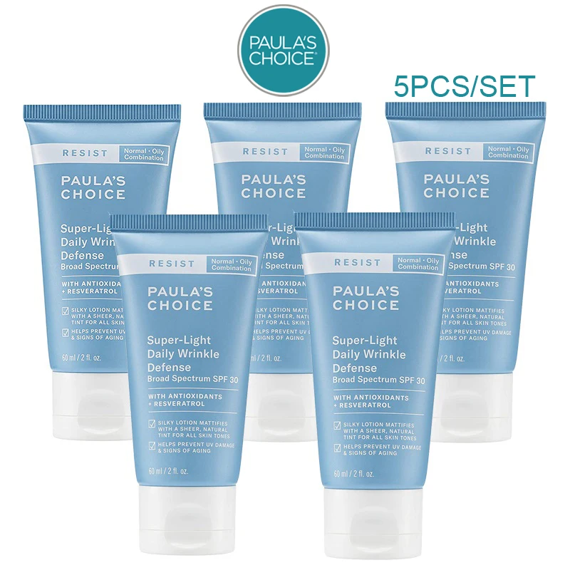 

5Pcs/set Paulas Choice Resist Super-Light Daily Wrinkle Defense Broad Spectrum SPF 30 With Antioxidants + Resveratrol 60ML