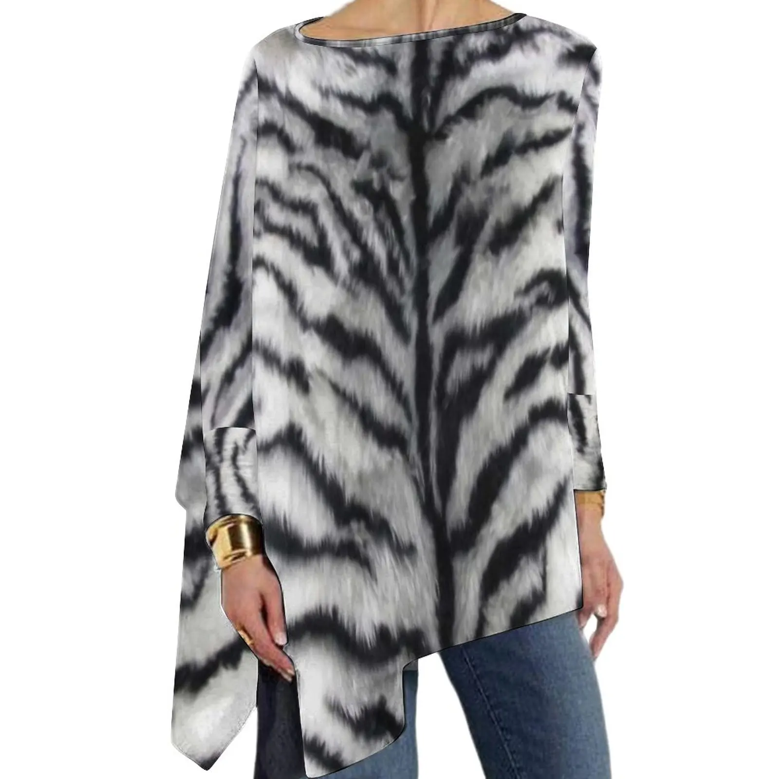 

Футболка женская с длинным рукавом, Свободная Повседневная рубашка с принтом животного, С Рисунком Тигра в полоску, черный белый цвет, подар...