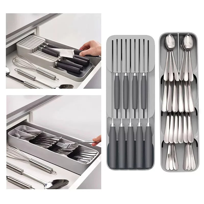 

NEW2023 Cutlery Storage Box Plastic Knife Block Holder Drawer Knives Fork Spoons Storage Rack Knife Stand Cabinet Tray Kitchen O