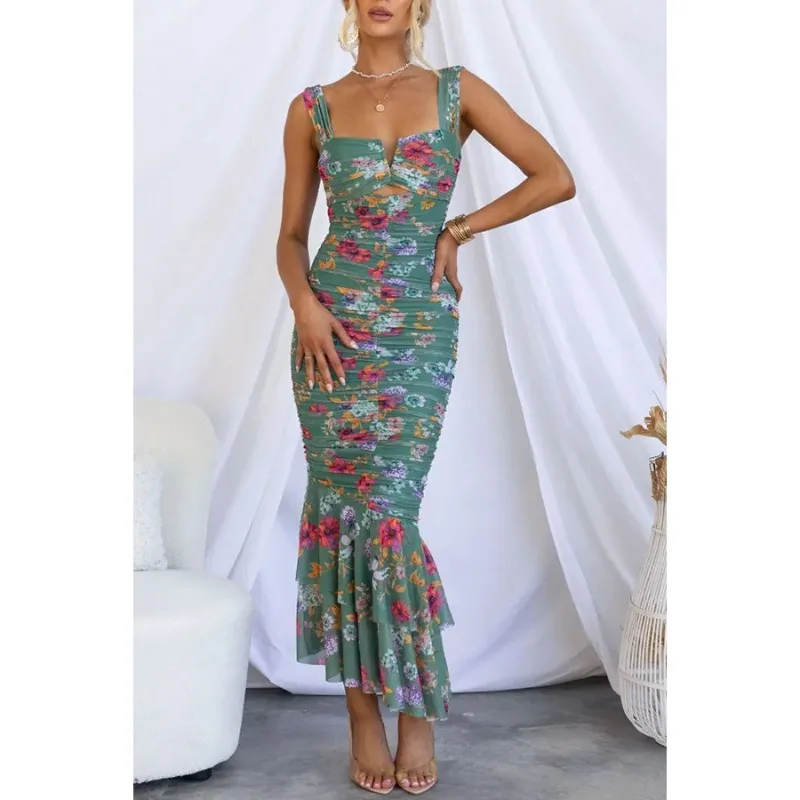 

Fashion Print Casual INS Holiday Zipper Strap Slim Dress Spring & Autumn New Women Sexy High Waist Mermaid Dresses