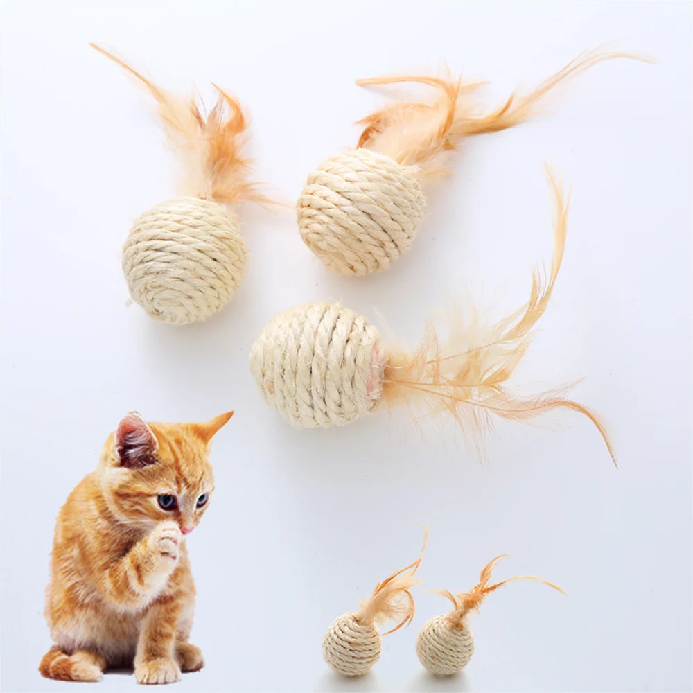 

Cat Toy Funny Faux Feather Rattan Ball Round Pet Supplies Cat Bell Ball Interactive Feather Sisal Ball