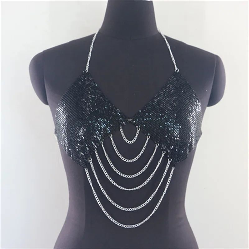 Cutistation Glitter Halter Tank Tops Women Sexy Metal Chain Tassel Bra Sparkly Sequins Top Backless Golden Body Jewelry Bikini |