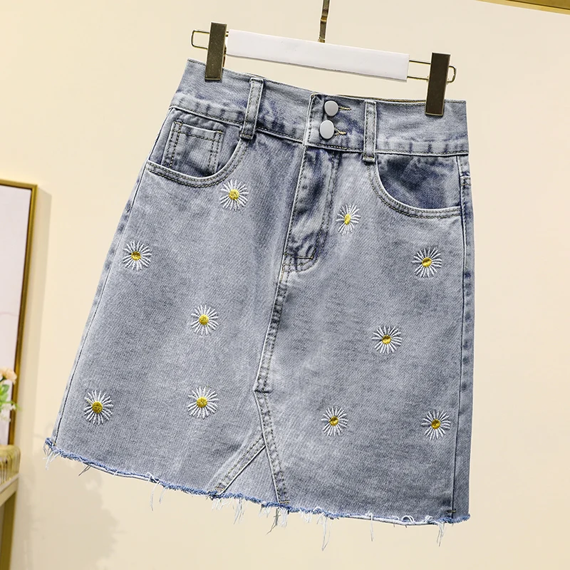 

Retro Daisy Embroidery Mini Denim Skirts Skinny A-line Skirt Female Plus Size High Waist College Style Short Jean Faldas Summer