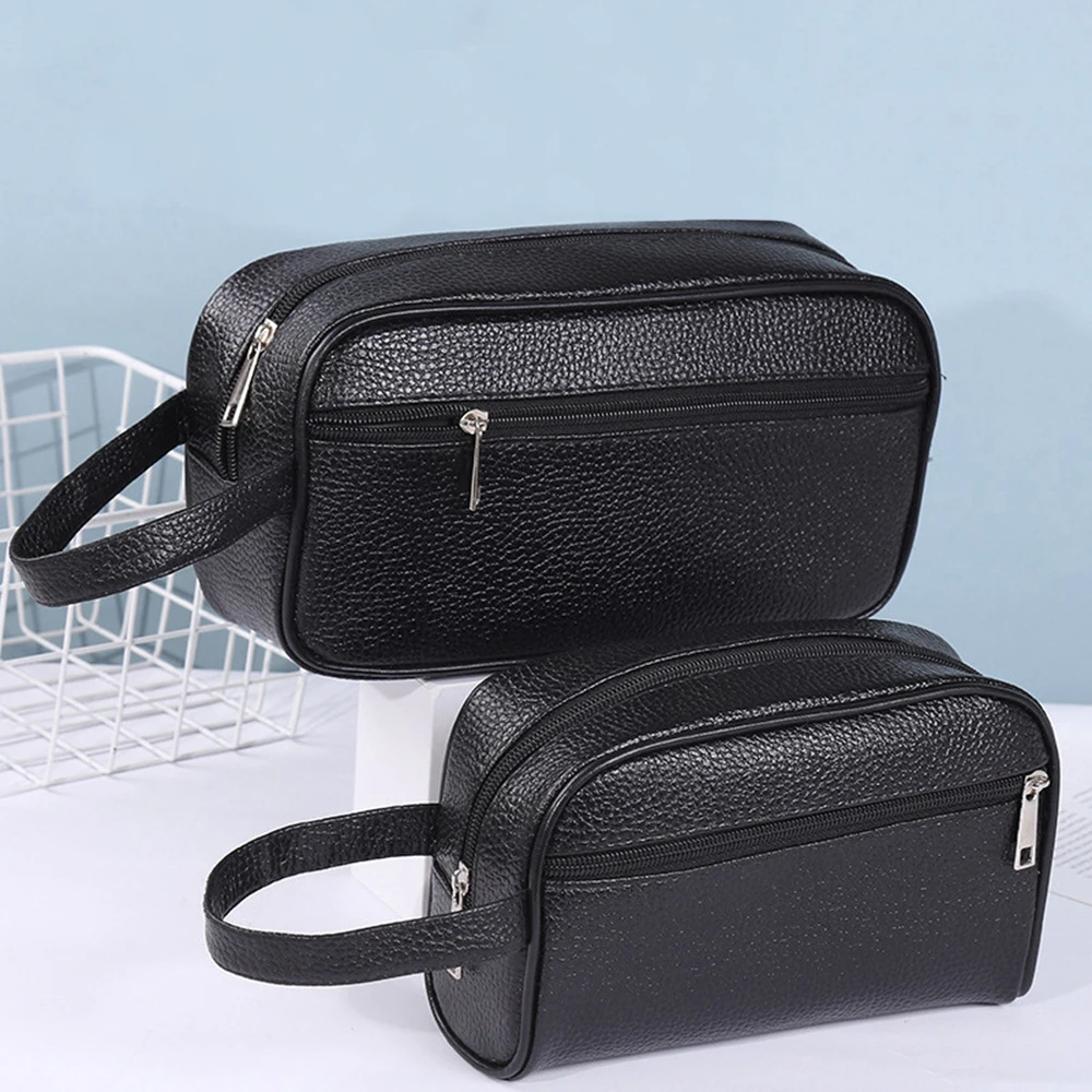 

New Men Handbag Large Capacity Makeup Bag Leather Waterproof Travel Toiletries Organizer Washing Pouch Wristlet Bag Cosmetic Bag