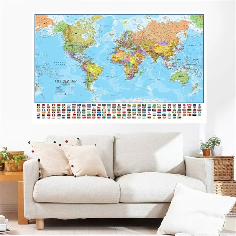Политическая карта мира с национальными флагами 5 размеров мировая плакат-карта