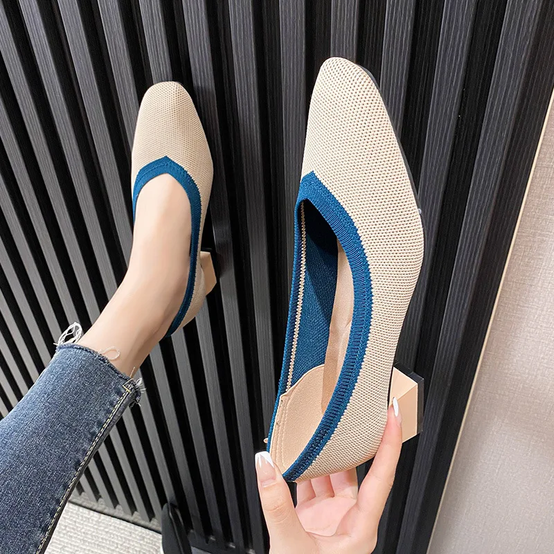 2022 Spring Summer Thick Heel Shoes Women's Square Head Shallow Mouth Princess Knitting Mid-heel Temperament Women's Pumps