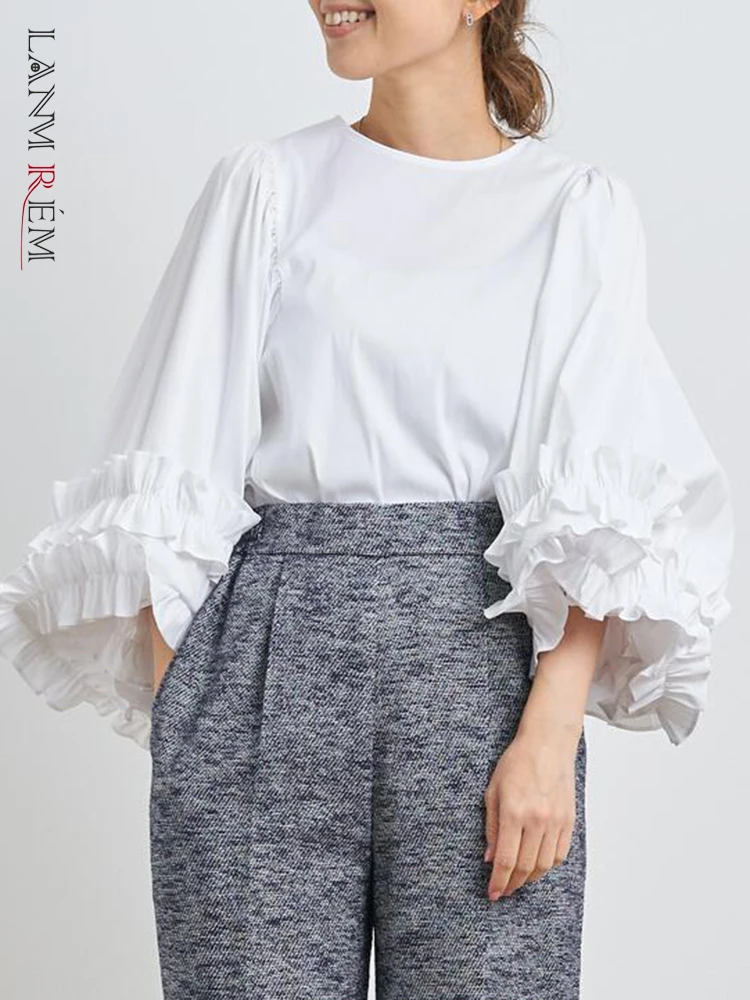 

LANMREM Lantern Sleevs Blouse For Women Round Neck Designer Spliced Zipper Tops Fashion Female Clothing 2023 Spring New 2YA1225
