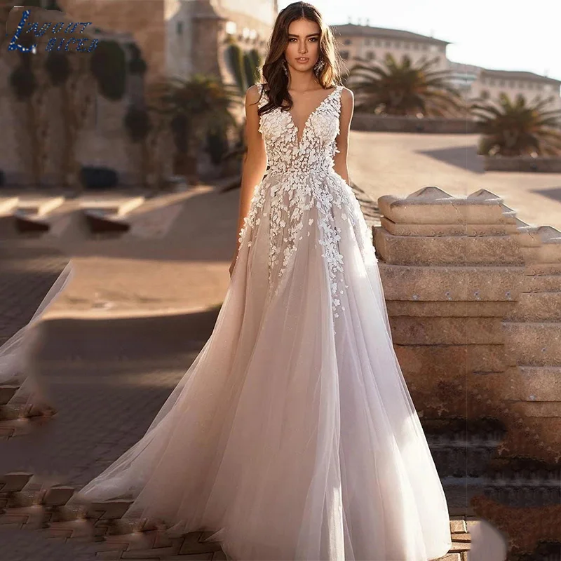 

LAYOUT NICEB Lace Applique Wedding Dress Elegant V Neck Open Back For Bride Gown Sexy Spaghetti Strap Floor Length Bridal Dress