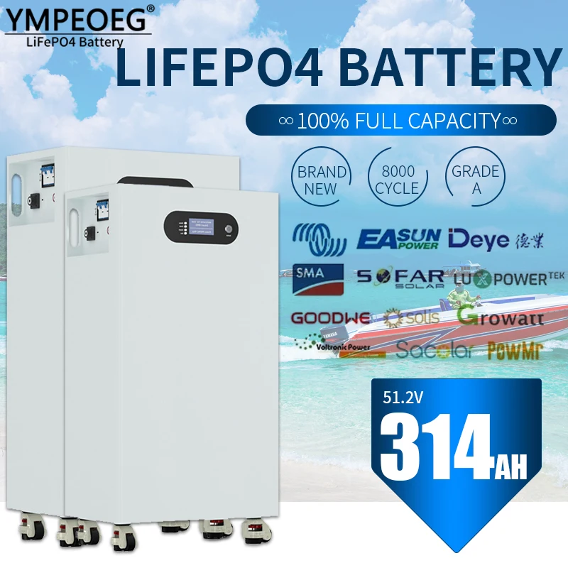 

Аккумулятор LiFePO4 51,2 В, 280 Ач/314 Ач, 15 кВтч/16 кВтч, 100% полная емкость, встроенный блок питания на солнечной батарее BMS для дома