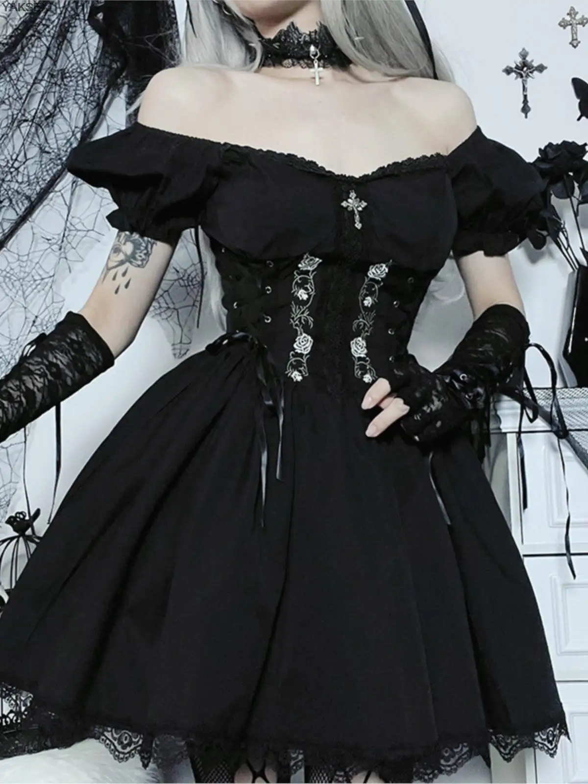

YAKASEXI 2023 Vintage Gothic Princess Dress Women Backless Lace Up Cross Corset Harajuku Dress Party Streetwear Lolita Outfits