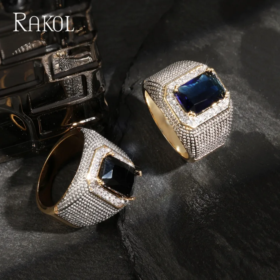 RAKOL Trend Синий/Черный Цирконий Хип-Хоп Кольца Для Мужчин Роскошное Широкое Кольцо