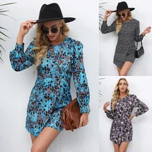 2022 primavera vestido feminino impresso em torno do pescoço manga longa vestido de saia curta (1)