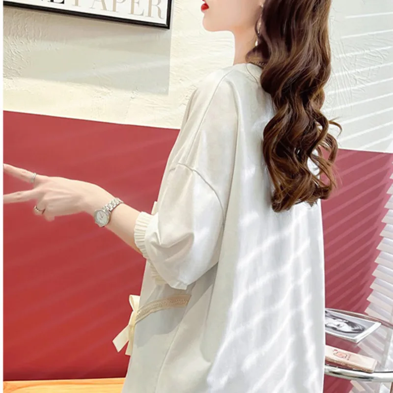 #0693 женская футболка в китайском стиле длинная свободная однотонная с круглым