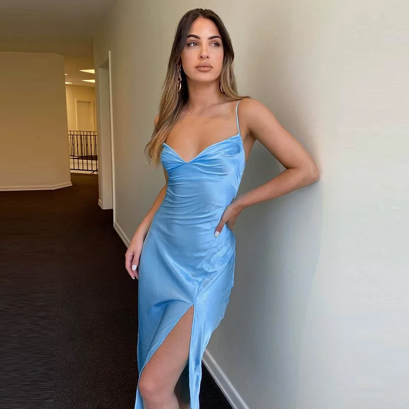 

Zoctuo Satin Party Dress Women Summer Hight Side Split Sexy Dress V-Neck Strap Dress Sleeveless Backless Skinny Back Laceup