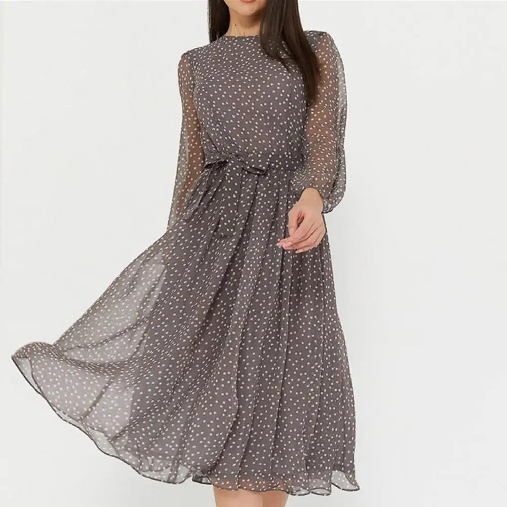 

Dot Print Lace-up Women Dress Spring Summer Vintage Large Hem Dress for Beach