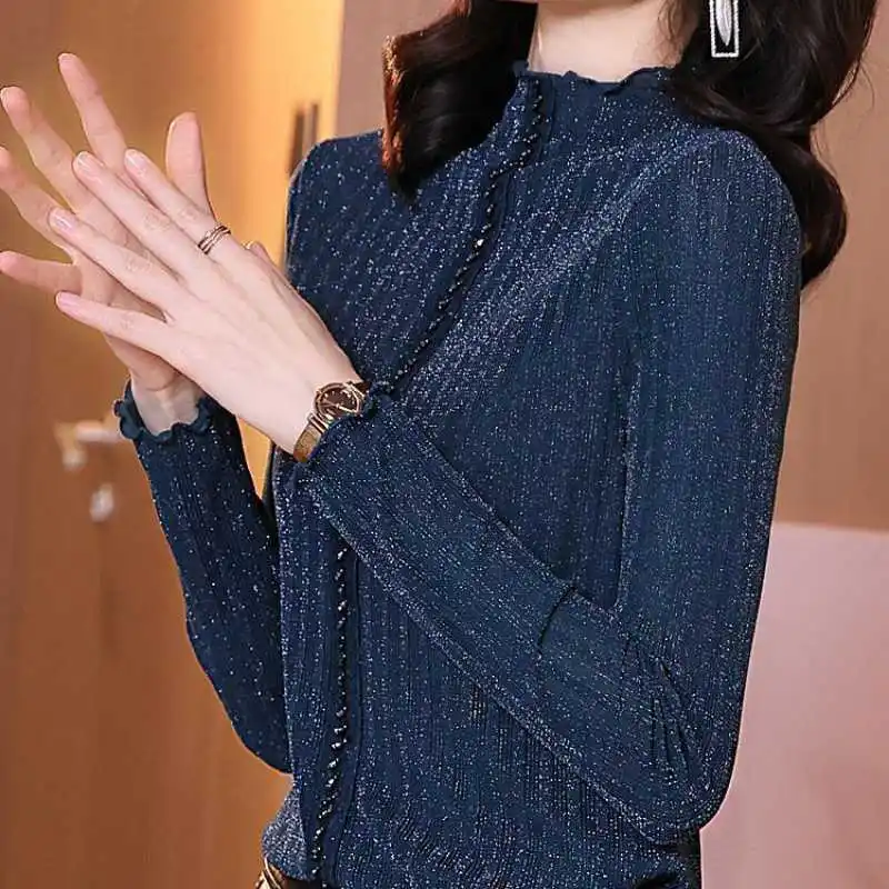 

Autumn and Winter New Plush Half High Neck Long Sleeves with Elegant Bright Silk Style Women's Bottom Shirt