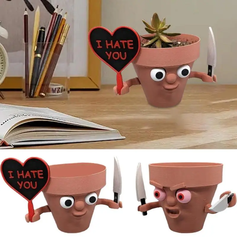

Mini Face Flower Pots Succulent Plant Container Angry Expression Funny Planters Holding Knives And Heart For Study Rooms
