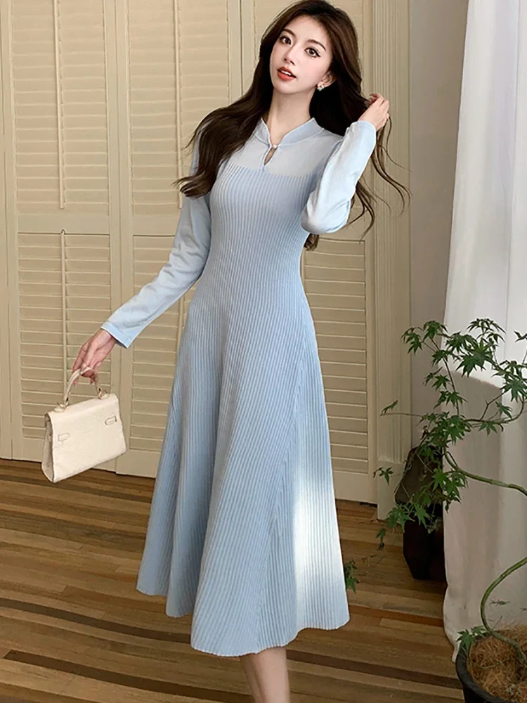 2024 Красное вязаное плотное теплое платье-свитер женское корейское винтажное