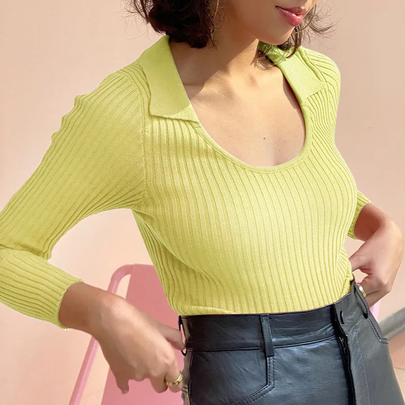

2021 Lapel Long-sleeved Knitted Top Casual Fall/winter New Fashion Women's Solid Color Lapel Slim Short Bottoming Shirt Women