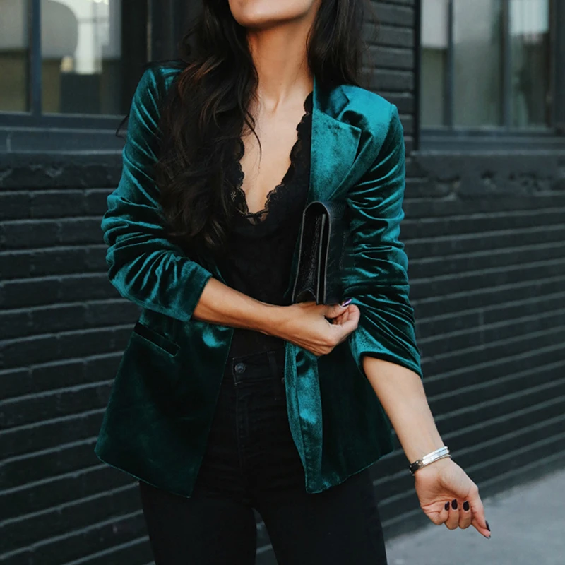 Осеннее элегантное золотое бархатное пальто с лацканами повседневная тонкая