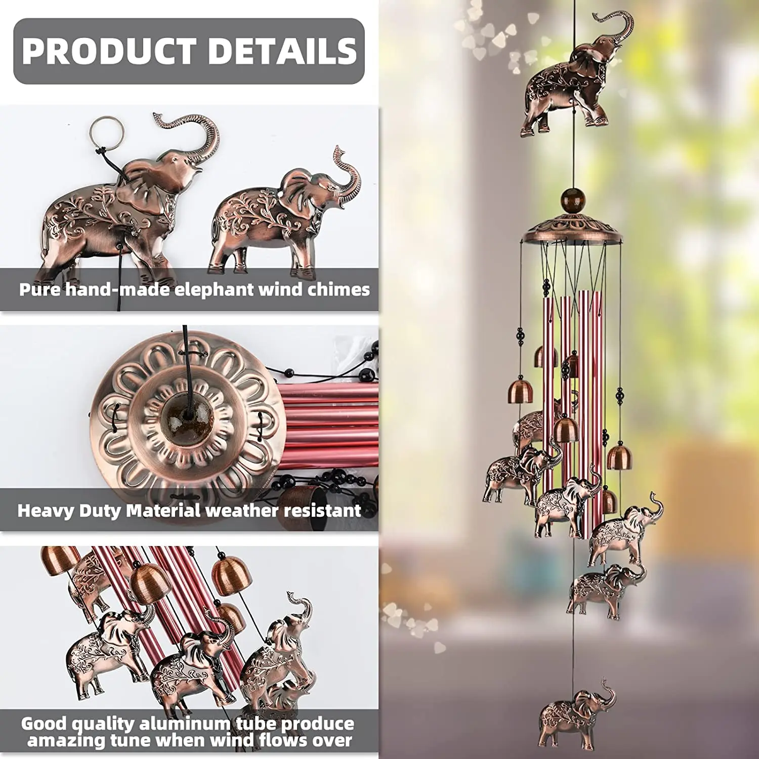 Фото Aluminum tube Elephant Wind Chimes Bronze Retro Iron Wind Chimes Wind Bells for Indoor and Outdoor Home Garden Decoration Gifts №4