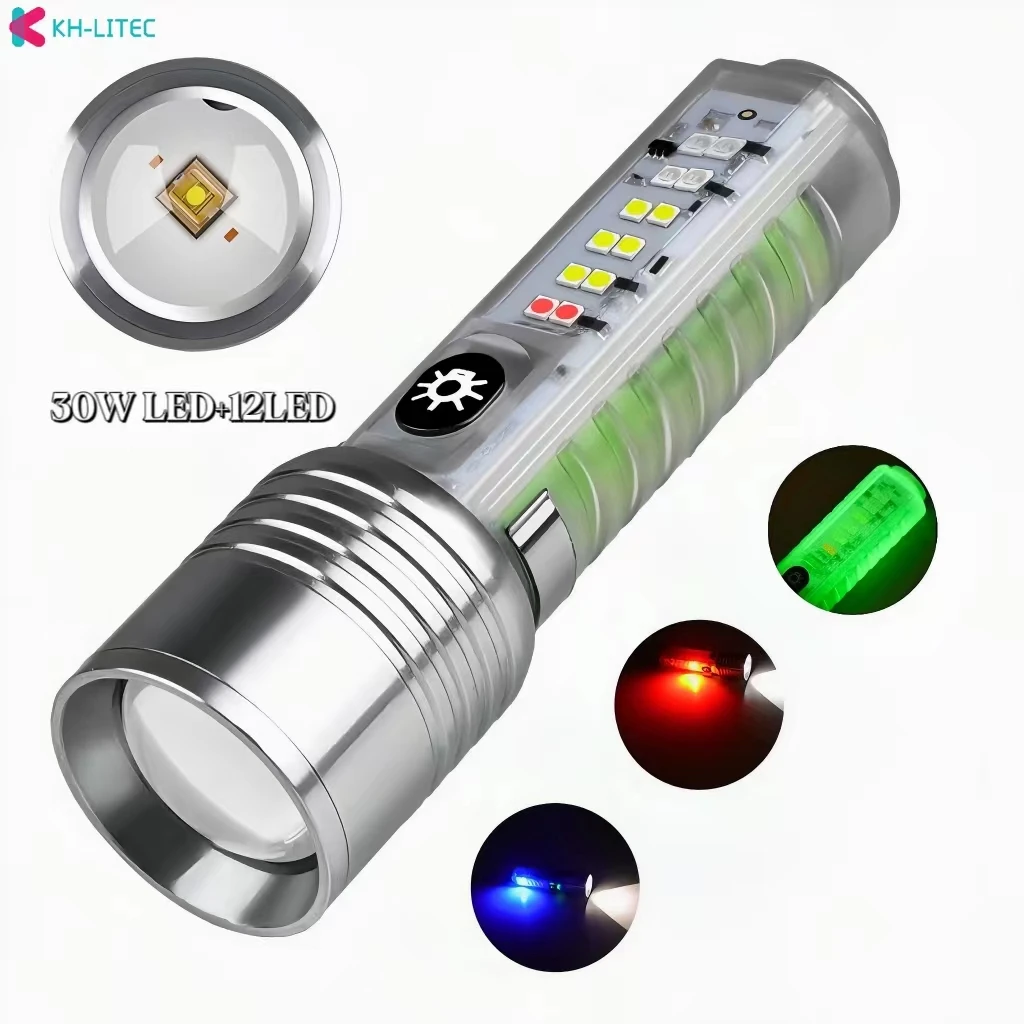 

Mini Super Bright LED Flashlight with White/red/blue/purple Side Light and Strong Magnets 30W LED Wick Lighting for 1500 Meters
